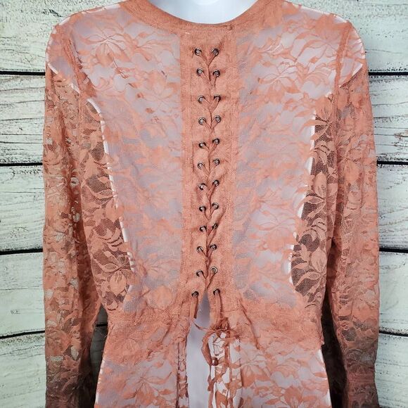 Voice of California Women’s Lace Longline Cardigan Top Rust Sheer Boho L - Picture 7 of 9